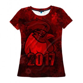 Женская футболка 3D с принтом Огненный петух в Новосибирске, 100% полиэфир ( синтетическое хлопкоподобное полотно) | прямой крой, круглый вырез горловины, длина до линии бедер | животное | зима | красный | новый год | символ | снежинки