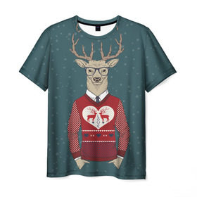 Мужская футболка 3D с принтом Олень хипстер в Новосибирске, 100% полиэфир | прямой крой, круглый вырез горловины, длина до линии бедер | hipster | голова животного | животные | олень | олень хипстер | подарок на новый год | хипстер