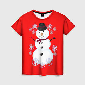 Женская футболка 3D с принтом Снеговик в Новосибирске, 100% полиэфир ( синтетическое хлопкоподобное полотно) | прямой крой, круглый вырез горловины, длина до линии бедер | 2017 | дед мороз | зима | новый год | снеговик | снежинки