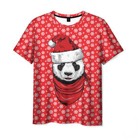 Мужская футболка 3D с принтом Панда Клаус в Новосибирске, 100% полиэфир | прямой крой, круглый вырез горловины, длина до линии бедер | Тематика изображения на принте: animal | bear | beast | claus | panda | santa | дед мороз | елка | зверь | клаус | медведь | новый год | панда | рождество | санта | снег