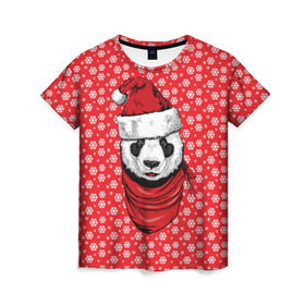 Женская футболка 3D с принтом Панда Клаус в Новосибирске, 100% полиэфир ( синтетическое хлопкоподобное полотно) | прямой крой, круглый вырез горловины, длина до линии бедер | animal | bear | beast | claus | panda | santa | дед мороз | елка | зверь | клаус | медведь | новый год | панда | рождество | санта | снег