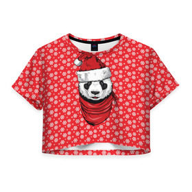 Женская футболка 3D укороченная с принтом Панда Клаус в Новосибирске, 100% полиэстер | круглая горловина, длина футболки до линии талии, рукава с отворотами | animal | bear | beast | claus | panda | santa | дед мороз | елка | зверь | клаус | медведь | новый год | панда | рождество | санта | снег
