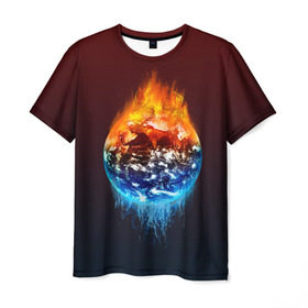 Мужская футболка 3D с принтом Огонь против воды в Новосибирске, 100% полиэфир | прямой крой, круглый вырез горловины, длина до линии бедер | battle | fire | galaxy | planet | space | water | битва | вода | галактика | земля | космос | огонь | пламя | планета