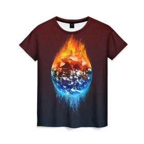 Женская футболка 3D с принтом Огонь против воды в Новосибирске, 100% полиэфир ( синтетическое хлопкоподобное полотно) | прямой крой, круглый вырез горловины, длина до линии бедер | battle | fire | galaxy | planet | space | water | битва | вода | галактика | земля | космос | огонь | пламя | планета