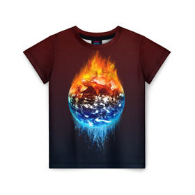 Детская футболка 3D с принтом Огонь против воды в Новосибирске, 100% гипоаллергенный полиэфир | прямой крой, круглый вырез горловины, длина до линии бедер, чуть спущенное плечо, ткань немного тянется | Тематика изображения на принте: battle | fire | galaxy | planet | space | water | битва | вода | галактика | земля | космос | огонь | пламя | планета