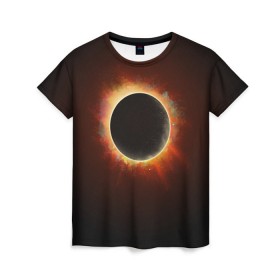 Женская футболка 3D с принтом Солнечное затмение в Новосибирске, 100% полиэфир ( синтетическое хлопкоподобное полотно) | прямой крой, круглый вырез горловины, длина до линии бедер | eclipse | moon | planet | solar | space | star | sun | затмение | звезда | космос | луна | планета | солнце