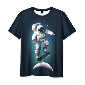 Мужская футболка 3D с принтом Космический скейтбординг в Новосибирске, 100% полиэфир | прямой крой, круглый вырез горловины, длина до линии бедер | cosmonaut | galaxy | planet | skate | space | star | галактика | звезды | космонавт | космос | планета | скейт