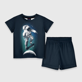 Детский костюм с шортами 3D с принтом Космический скейтбординг в Новосибирске,  |  | cosmonaut | galaxy | planet | skate | space | star | галактика | звезды | космонавт | космос | планета | скейт