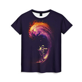 Женская футболка 3D с принтом Космический серфинг в Новосибирске, 100% полиэфир ( синтетическое хлопкоподобное полотно) | прямой крой, круглый вырез горловины, длина до линии бедер | cosmonaut | galaxy | planet | space | star | surf | галактика | звезды | космонавт | космос | планета | серф