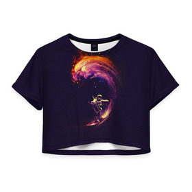 Женская футболка 3D укороченная с принтом Космический серфинг в Новосибирске, 100% полиэстер | круглая горловина, длина футболки до линии талии, рукава с отворотами | cosmonaut | galaxy | planet | space | star | surf | галактика | звезды | космонавт | космос | планета | серф