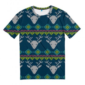 Мужская футболка 3D с принтом Свитер с оленями в Новосибирске, 100% полиэфир | прямой крой, круглый вырез горловины, длина до линии бедер | ангел | ёлка | ель | зима | колокольчик | нг | новый год | олень | рождество | санта | снег