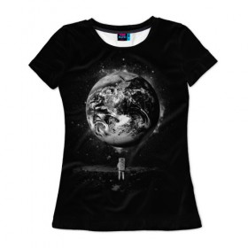 Женская футболка 3D с принтом Взгляд на землю в Новосибирске, 100% полиэфир ( синтетическое хлопкоподобное полотно) | прямой крой, круглый вырез горловины, длина до линии бедер | astro | cosmo | galaxy | moon | planet | space | star | автронавт | галактика | звезды | земля | космонавт | космос | луна | планета