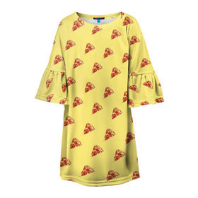 Детское платье 3D с принтом Рай пиццы в Новосибирске, 100% полиэстер | прямой силуэт, чуть расширенный к низу. Круглая горловина, на рукавах — воланы | Тематика изображения на принте: food | pizza | грибы | еда | завтрак | колбаса | обед | пицца | помидор | ужин | фастфуд