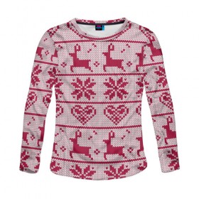 Женский лонгслив 3D с принтом Розовый свитер в Новосибирске, 100% полиэстер | длинные рукава, круглый вырез горловины, полуприлегающий силуэт | ангел | ёлка | ель | зима | колокольчик | нг | новый год | олень | рождество | санта | свитер | снег