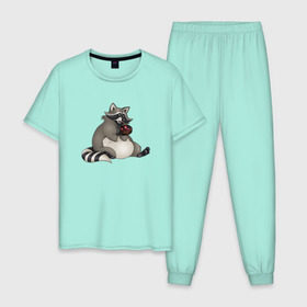 Мужская пижама хлопок с принтом Енотик в Новосибирске, 100% хлопок | брюки и футболка прямого кроя, без карманов, на брюках мягкая резинка на поясе и по низу штанин
 | Тематика изображения на принте: акварель | енот | кекс | мафин | сладкоежка
