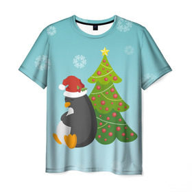 Мужская футболка 3D с принтом Новогодний пингвинчик в Новосибирске, 100% полиэфир | прямой крой, круглый вырез горловины, длина до линии бедер | Тематика изображения на принте: елка | новый год | пингвин