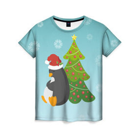 Женская футболка 3D с принтом Новогодний пингвинчик в Новосибирске, 100% полиэфир ( синтетическое хлопкоподобное полотно) | прямой крой, круглый вырез горловины, длина до линии бедер | елка | новый год | пингвин
