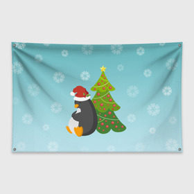 Флаг-баннер с принтом Новогодний пингвинчик в Новосибирске, 100% полиэстер | размер 67 х 109 см, плотность ткани — 95 г/м2; по краям флага есть четыре люверса для крепления | Тематика изображения на принте: елка | новый год | пингвин
