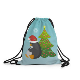 Рюкзак-мешок 3D с принтом Новогодний пингвинчик в Новосибирске, 100% полиэстер | плотность ткани — 200 г/м2, размер — 35 х 45 см; лямки — толстые шнурки, застежка на шнуровке, без карманов и подкладки | Тематика изображения на принте: елка | новый год | пингвин
