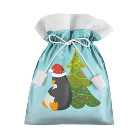 Подарочный 3D мешок с принтом Новогодний пингвинчик в Новосибирске, 100% полиэстер | Размер: 29*39 см | елка | новый год | пингвин