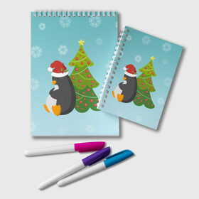 Блокнот с принтом Новогодний пингвинчик в Новосибирске, 100% бумага | 48 листов, плотность листов — 60 г/м2, плотность картонной обложки — 250 г/м2. Листы скреплены удобной пружинной спиралью. Цвет линий — светло-серый
 | Тематика изображения на принте: елка | новый год | пингвин