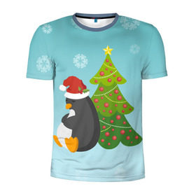 Мужская футболка 3D спортивная с принтом Новогодний пингвинчик в Новосибирске, 100% полиэстер с улучшенными характеристиками | приталенный силуэт, круглая горловина, широкие плечи, сужается к линии бедра | Тематика изображения на принте: елка | новый год | пингвин