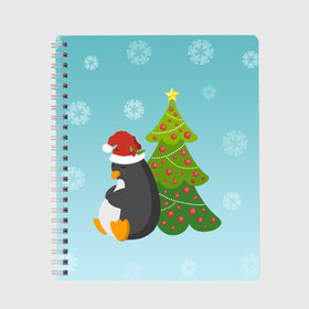 Тетрадь с принтом Новогодний пингвинчик в Новосибирске, 100% бумага | 48 листов, плотность листов — 60 г/м2, плотность картонной обложки — 250 г/м2. Листы скреплены сбоку удобной пружинной спиралью. Уголки страниц и обложки скругленные. Цвет линий — светло-серый
 | Тематика изображения на принте: елка | новый год | пингвин