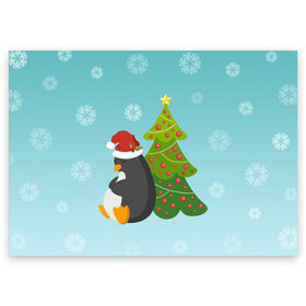Поздравительная открытка с принтом Новогодний пингвинчик в Новосибирске, 100% бумага | плотность бумаги 280 г/м2, матовая, на обратной стороне линовка и место для марки
 | Тематика изображения на принте: елка | новый год | пингвин