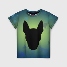 Детская футболка 3D с принтом силуэт Бультерьера в Новосибирске, 100% гипоаллергенный полиэфир | прямой крой, круглый вырез горловины, длина до линии бедер, чуть спущенное плечо, ткань немного тянется | Тематика изображения на принте: зеленый | силуэт | синий | собака | черный
