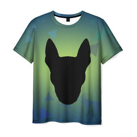 Мужская футболка 3D с принтом силуэт Бультерьера в Новосибирске, 100% полиэфир | прямой крой, круглый вырез горловины, длина до линии бедер | Тематика изображения на принте: зеленый | силуэт | синий | собака | черный