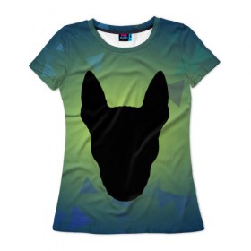 Женская футболка 3D с принтом силуэт Бультерьера в Новосибирске, 100% полиэфир ( синтетическое хлопкоподобное полотно) | прямой крой, круглый вырез горловины, длина до линии бедер | зеленый | силуэт | синий | собака | черный