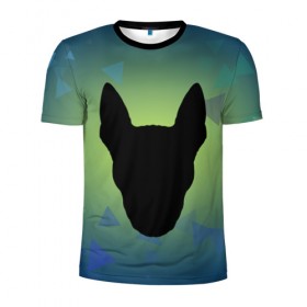 Мужская футболка 3D спортивная с принтом силуэт Бультерьера в Новосибирске, 100% полиэстер с улучшенными характеристиками | приталенный силуэт, круглая горловина, широкие плечи, сужается к линии бедра | зеленый | силуэт | синий | собака | черный