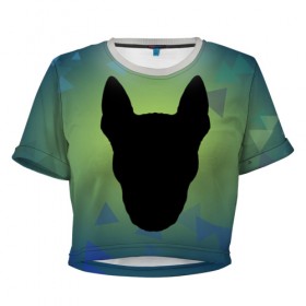 Женская футболка 3D укороченная с принтом силуэт Бультерьера в Новосибирске, 100% полиэстер | круглая горловина, длина футболки до линии талии, рукава с отворотами | зеленый | силуэт | синий | собака | черный