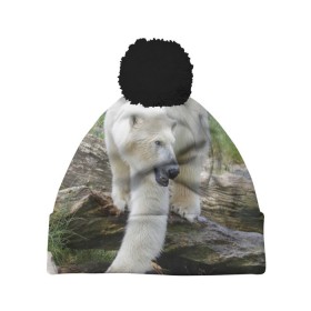 Шапка 3D c помпоном с принтом Белый медведь в Новосибирске, 100% полиэстер | универсальный размер, печать по всей поверхности изделия | арктика