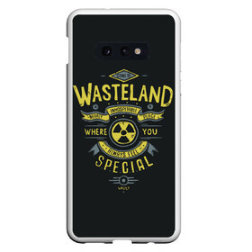 Чехол для Samsung S10E с принтом Come to Wasteland в Новосибирске, Силикон | Область печати: задняя сторона чехла, без боковых панелей | atom | bomb | boy | fallout | radioactive | vault | wasteland | атом | бой | бомба | волт | мальчик | радиация | фоллаут | ядерная