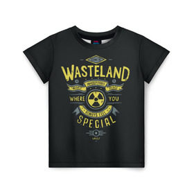 Детская футболка 3D с принтом Come to Wasteland в Новосибирске, 100% гипоаллергенный полиэфир | прямой крой, круглый вырез горловины, длина до линии бедер, чуть спущенное плечо, ткань немного тянется | Тематика изображения на принте: atom | bomb | boy | fallout | radioactive | vault | wasteland | атом | бой | бомба | волт | мальчик | радиация | фоллаут | ядерная