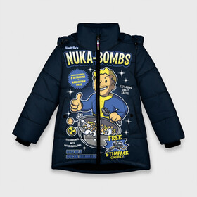 Зимняя куртка для девочек 3D с принтом Nuka Bombs в Новосибирске, ткань верха — 100% полиэстер; подклад — 100% полиэстер, утеплитель — 100% полиэстер. | длина ниже бедра, удлиненная спинка, воротник стойка и отстегивающийся капюшон. Есть боковые карманы с листочкой на кнопках, утяжки по низу изделия и внутренний карман на молнии. 

Предусмотрены светоотражающий принт на спинке, радужный светоотражающий элемент на пуллере молнии и на резинке для утяжки. | Тематика изображения на принте: atom | bomb | boy | fallout | radioactive | vault | wasteland | атом | бой | бомба | волт | мальчик | радиация | фоллаут | ядерная