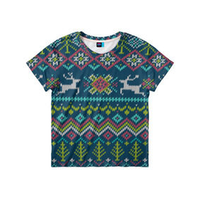 Детская футболка 3D с принтом Вязаный узор 6 в Новосибирске, 100% гипоаллергенный полиэфир | прямой крой, круглый вырез горловины, длина до линии бедер, чуть спущенное плечо, ткань немного тянется | ангел | ёлка | ель | зима | колокольчик | нг | новый год | олень | рождество | санта | свитер | снег