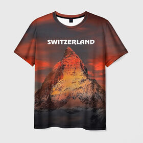 Мужская футболка 3D с принтом Швейцария в Новосибирске, 100% полиэфир | прямой крой, круглый вырез горловины, длина до линии бедер | Тематика изображения на принте: switzerland | альпы | горы | заграница | отдых | отпуск | туризм | турист