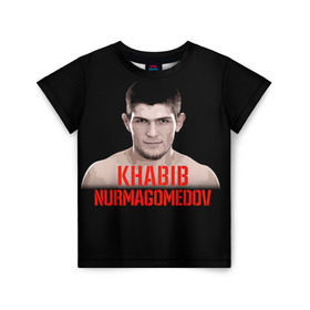 Детская футболка 3D с принтом Хабиб Нурмагомедов в Новосибирске, 100% гипоаллергенный полиэфир | прямой крой, круглый вырез горловины, длина до линии бедер, чуть спущенное плечо, ткань немного тянется | Тематика изображения на принте: ufc