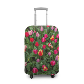 Чехол для чемодана 3D с принтом Тюльпанчики в Новосибирске, 86% полиэфир, 14% спандекс | двустороннее нанесение принта, прорези для ручек и колес | зеленый | поле | природа | растения | тюльпаны | цветной | цветы