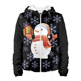 Женская куртка 3D с принтом Снеговик с подарком в Новосибирске, ткань верха — 100% полиэстер, подклад — флис | прямой крой, подол и капюшон оформлены резинкой с фиксаторами, два кармана без застежек по бокам, один большой потайной карман на груди. Карман на груди застегивается на липучку | 2017 | дед мороз | зима | новый год | снеговик