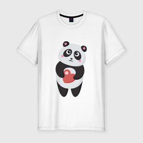 Мужская футболка премиум с принтом Панда с сердечком в Новосибирске, 92% хлопок, 8% лайкра | приталенный силуэт, круглый вырез ворота, длина до линии бедра, короткий рукав | 