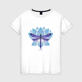 Женская футболка хлопок с принтом Стрекоза на лотосе в Новосибирске, 100% хлопок | прямой крой, круглый вырез горловины, длина до линии бедер, слегка спущенное плечо | лотос | насекомые | стрекоза | цветы