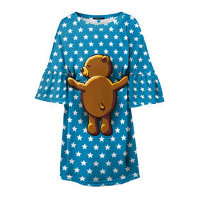 Детское платье 3D с принтом Медвежьи объятия в Новосибирске, 100% полиэстер | прямой силуэт, чуть расширенный к низу. Круглая горловина, на рукавах — воланы | Тематика изображения на принте: bear | beast | kid | love | teddy | toy | звезды | зверь | игрушка | любовь | медведь | мишка
