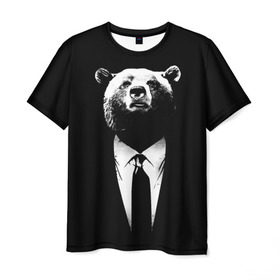 Мужская футболка 3D с принтом Медведь бизнесмен в Новосибирске, 100% полиэфир | прямой крой, круглый вырез горловины, длина до линии бедер | animal | bear | beast | business | suit | бизнес | джентльмен | животное | зверь | медведь | смокинг