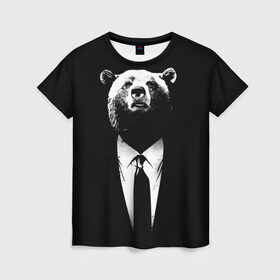 Женская футболка 3D с принтом Медведь бизнесмен в Новосибирске, 100% полиэфир ( синтетическое хлопкоподобное полотно) | прямой крой, круглый вырез горловины, длина до линии бедер | animal | bear | beast | business | suit | бизнес | джентльмен | животное | зверь | медведь | смокинг