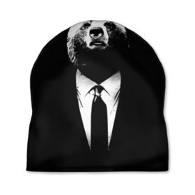 Шапка 3D с принтом Медведь бизнесмен в Новосибирске, 100% полиэстер | универсальный размер, печать по всей поверхности изделия | animal | bear | beast | business | suit | бизнес | джентльмен | животное | зверь | медведь | смокинг