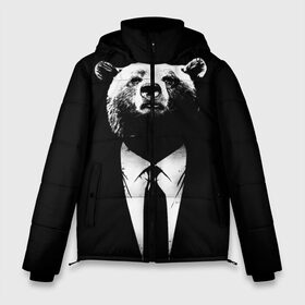 Мужская зимняя куртка 3D с принтом Медведь бизнесмен в Новосибирске, верх — 100% полиэстер; подкладка — 100% полиэстер; утеплитель — 100% полиэстер | длина ниже бедра, свободный силуэт Оверсайз. Есть воротник-стойка, отстегивающийся капюшон и ветрозащитная планка. 

Боковые карманы с листочкой на кнопках и внутренний карман на молнии. | animal | bear | beast | business | suit | бизнес | джентльмен | животное | зверь | медведь | смокинг