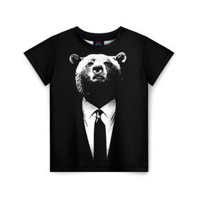 Детская футболка 3D с принтом Медведь бизнесмен в Новосибирске, 100% гипоаллергенный полиэфир | прямой крой, круглый вырез горловины, длина до линии бедер, чуть спущенное плечо, ткань немного тянется | animal | bear | beast | business | suit | бизнес | джентльмен | животное | зверь | медведь | смокинг